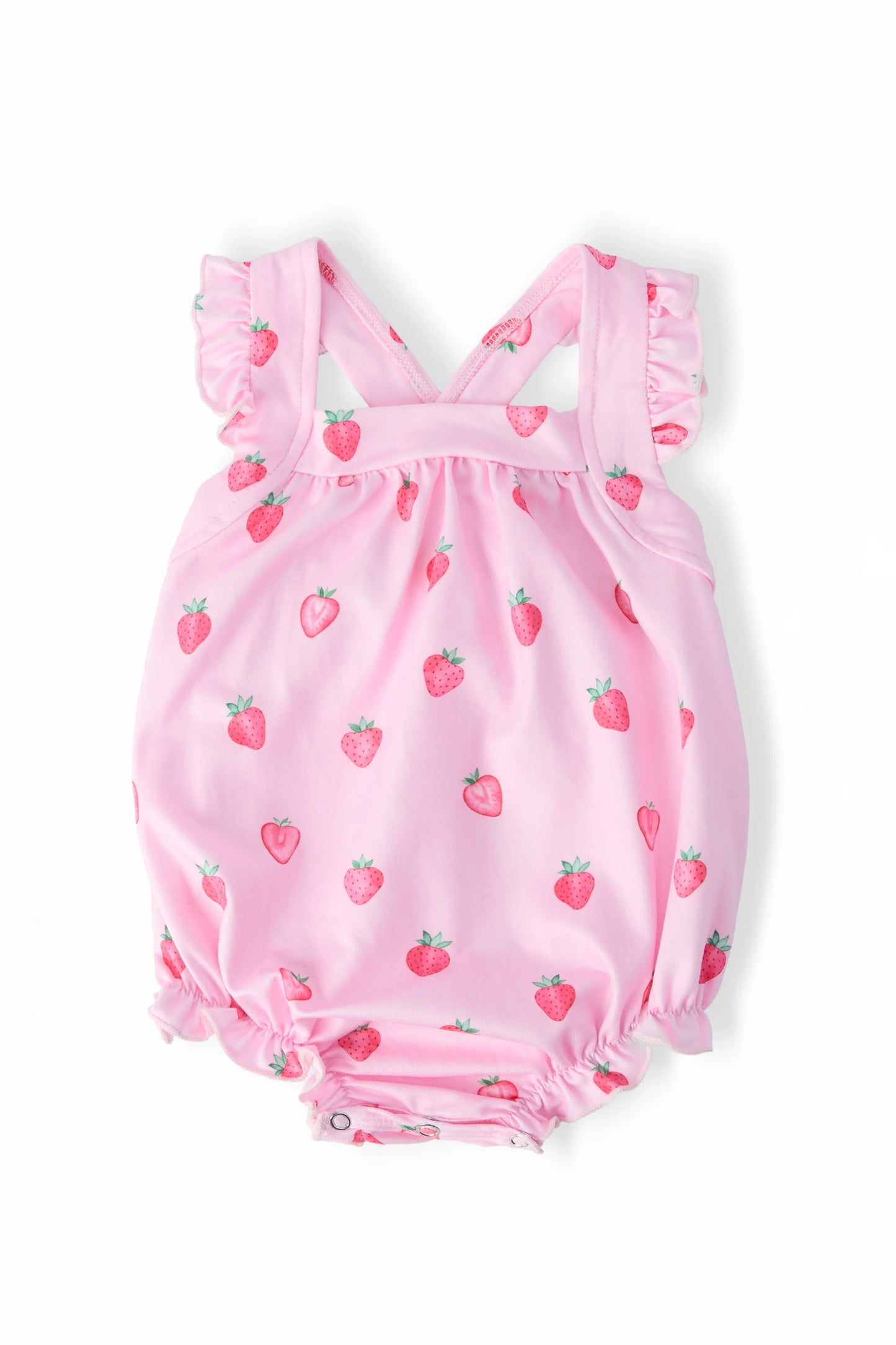 SWEET STRAWBERRIES RUFFLE CROSS BACK ROMPER