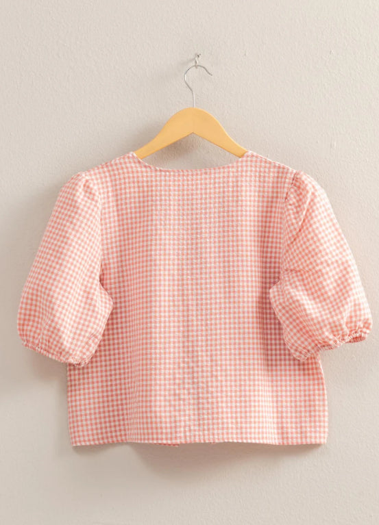 Gingham Print Bow Tie Puff Sleeve Blouse