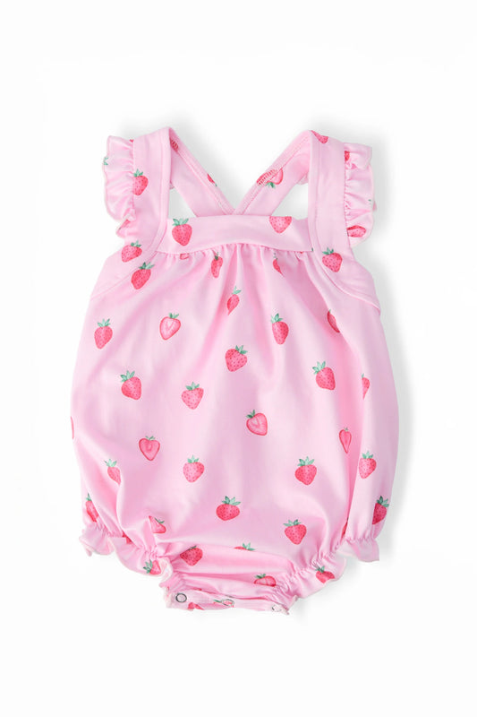 SWEET STRAWBERRIES RUFFLE CROSS BACK ROMPER