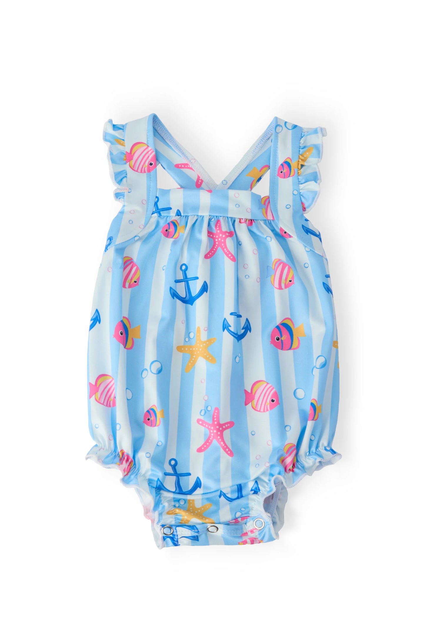 TIDEPOOL TREASURES RUFFLE CROSS BACK ROMPER