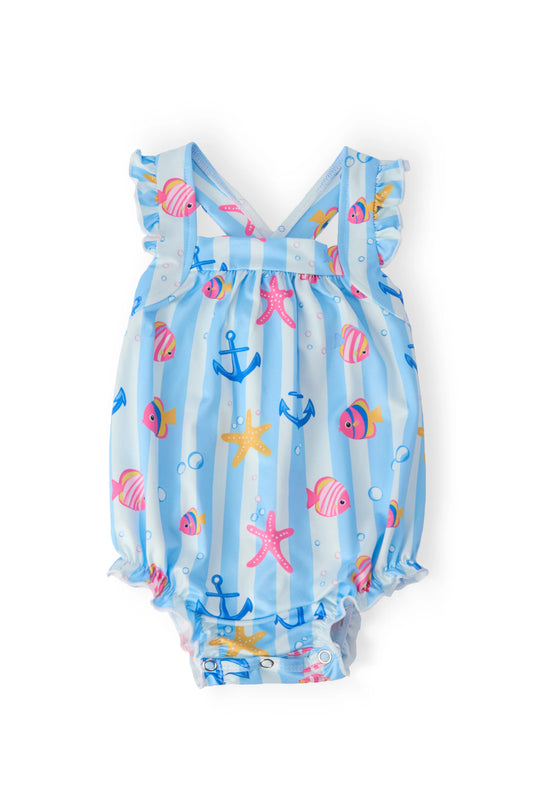 TIDEPOOL TREASURES RUFFLE CROSS BACK ROMPER