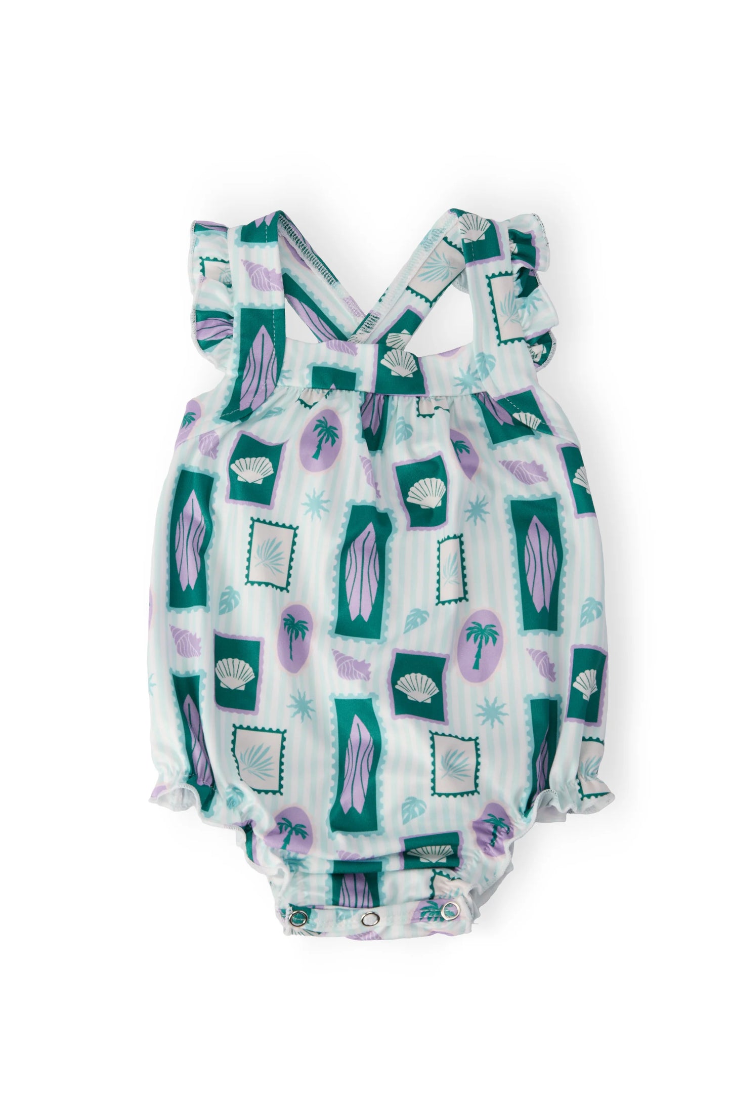 SURFER GIRL RUFFLE CROSS BACK ROMPER