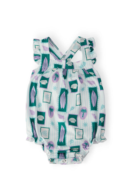 SURFER GIRL RUFFLE CROSS BACK ROMPER