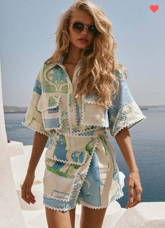 Printed Wrap Shirt and Mini Skirt Set