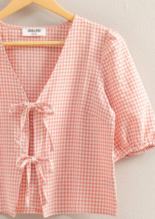 Gingham Print Bow Tie Puff Sleeve Blouse